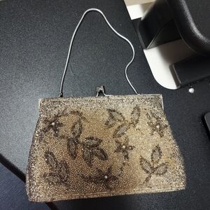 Vintage Hong Kong Silver & Cream Beaded Floral Evening Bag Clutch Purse